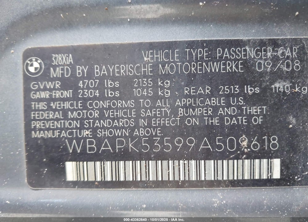 2009 BMW 3 SERIES VIN: WBAPK53599A509618