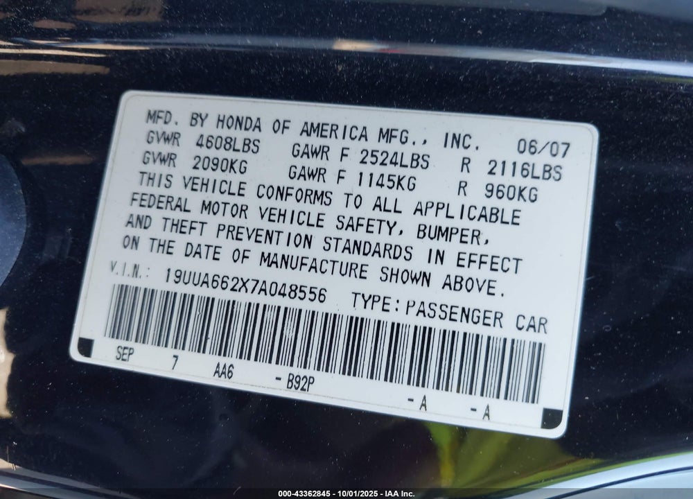 2007 ACURA TL VIN: 19UUA662X7A048556