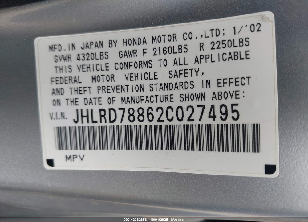 2002 HONDA CR-V EX VIN: JHLRD78862C027495