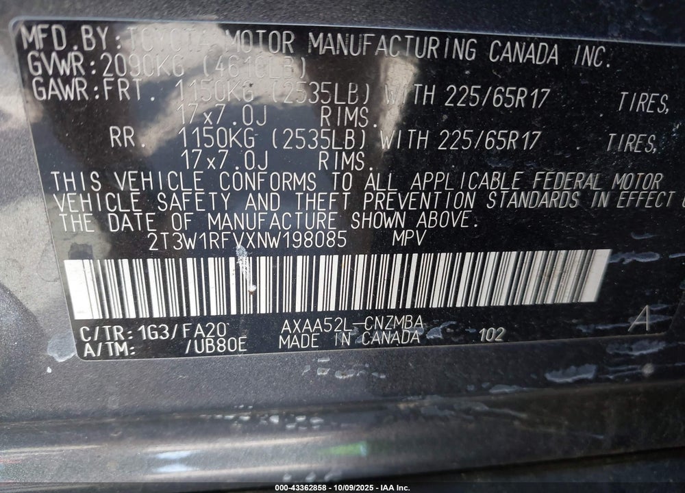 2022 TOYOTA RAV4 VIN: 2T3W1RFVXNW198085