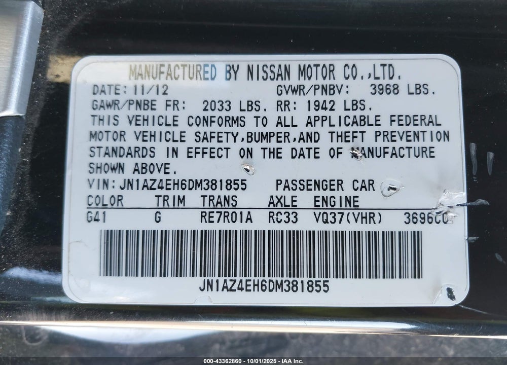 2013 NISSAN 370Z VIN: JN1AZ4EH6DM381855