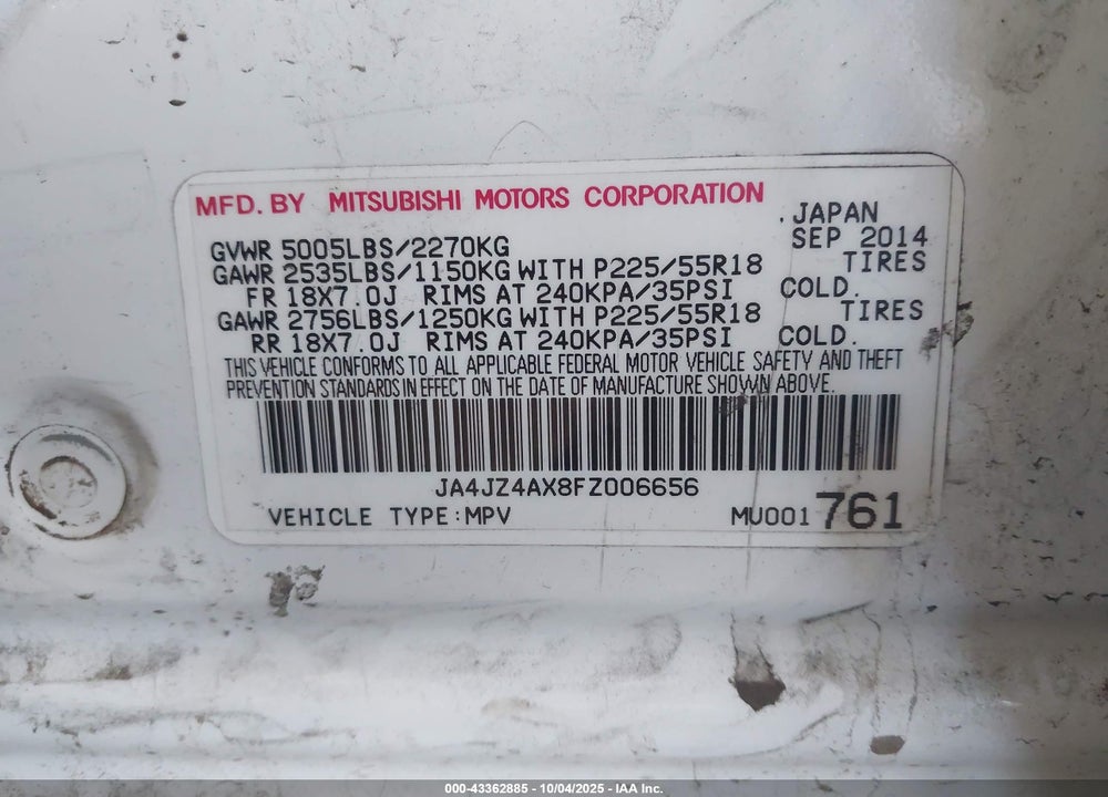 2015 MITSUBISHI OUTLANDER GT VIN: JA4JZ4AX8FZ006656