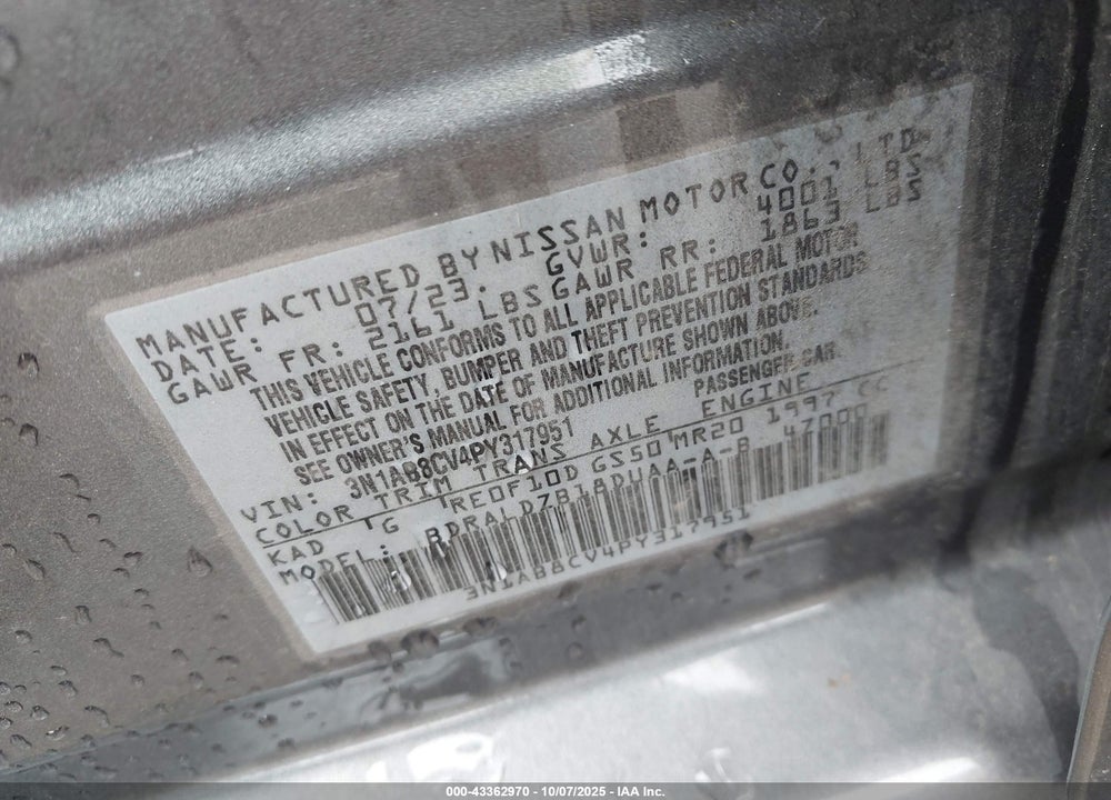 2023 NISSAN SENTRA VIN: 3N1AB8CV4PY317951