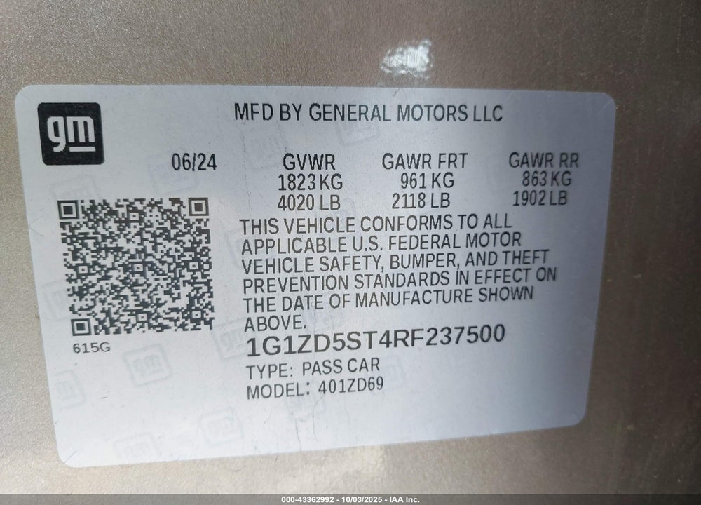 2024 CHEVROLET MALIBU VIN: 1G1ZD5ST4RF237500