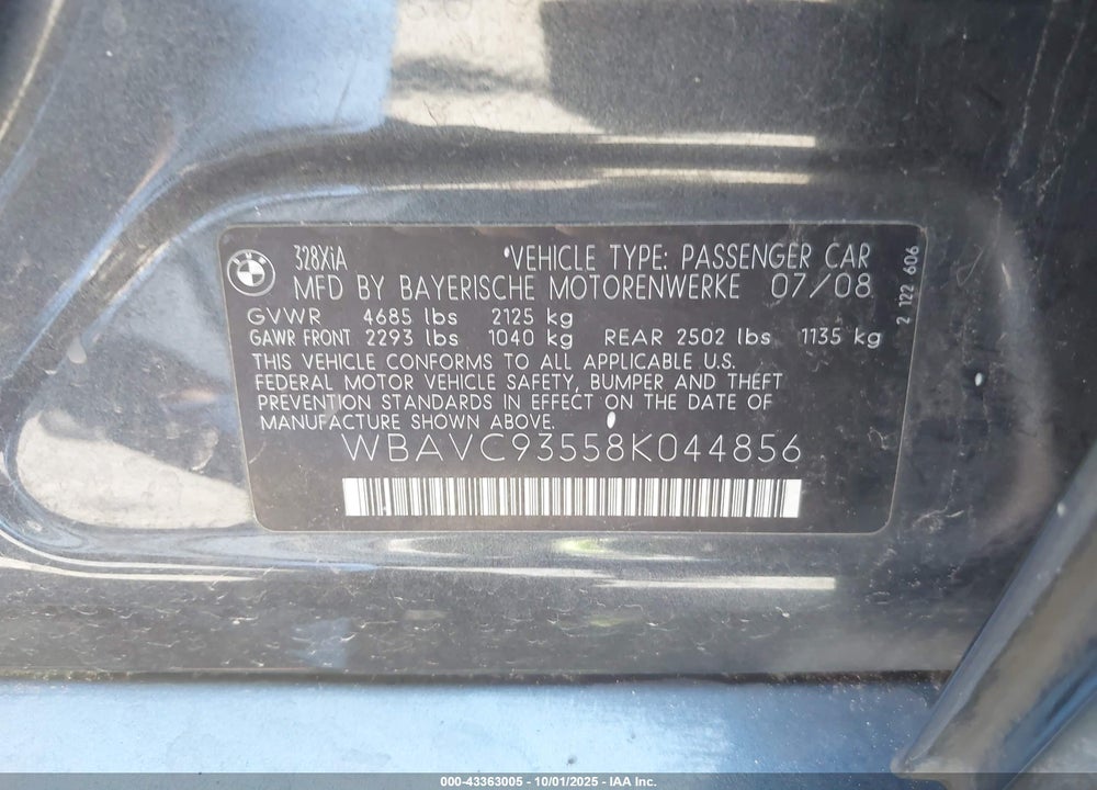 2008 BMW 3 SERIES VIN: WBAVC93558K044856