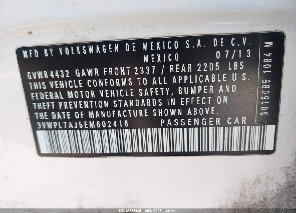 2014 VOLKSWAGEN JETTA VIN: 3VWPL7AJ5EM602416