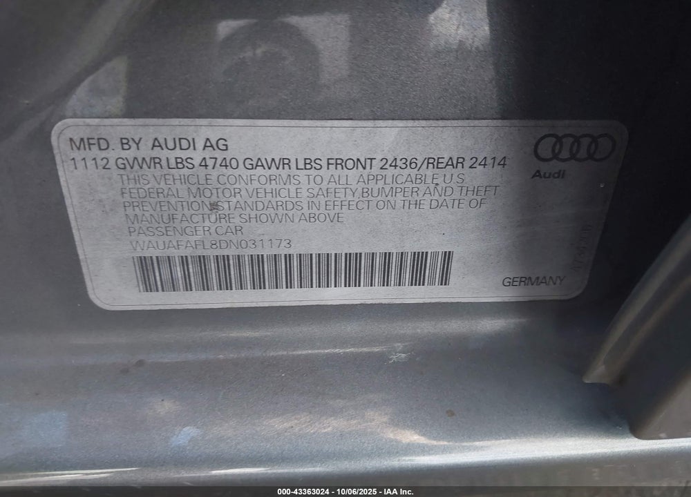 2013 AUDI A4 VIN: WAUAFAFL8DN031173