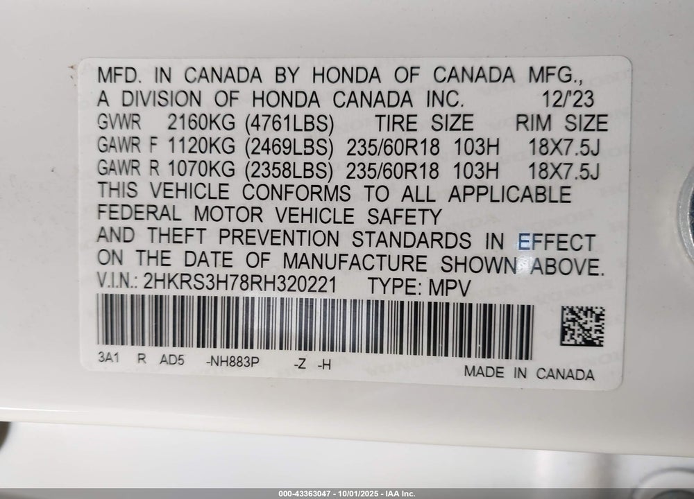 2024 HONDA CR-V EX-L 2WD VIN: 2HKRS3H78RH320221