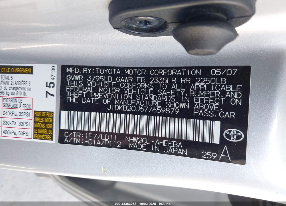2007 TOYOTA PRIUS VIN: JTDKB20U677659879