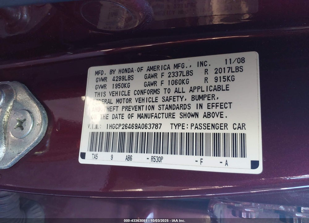 2009 HONDA ACCORD 2.4 LX-P VIN: 1HGCP26469A063787