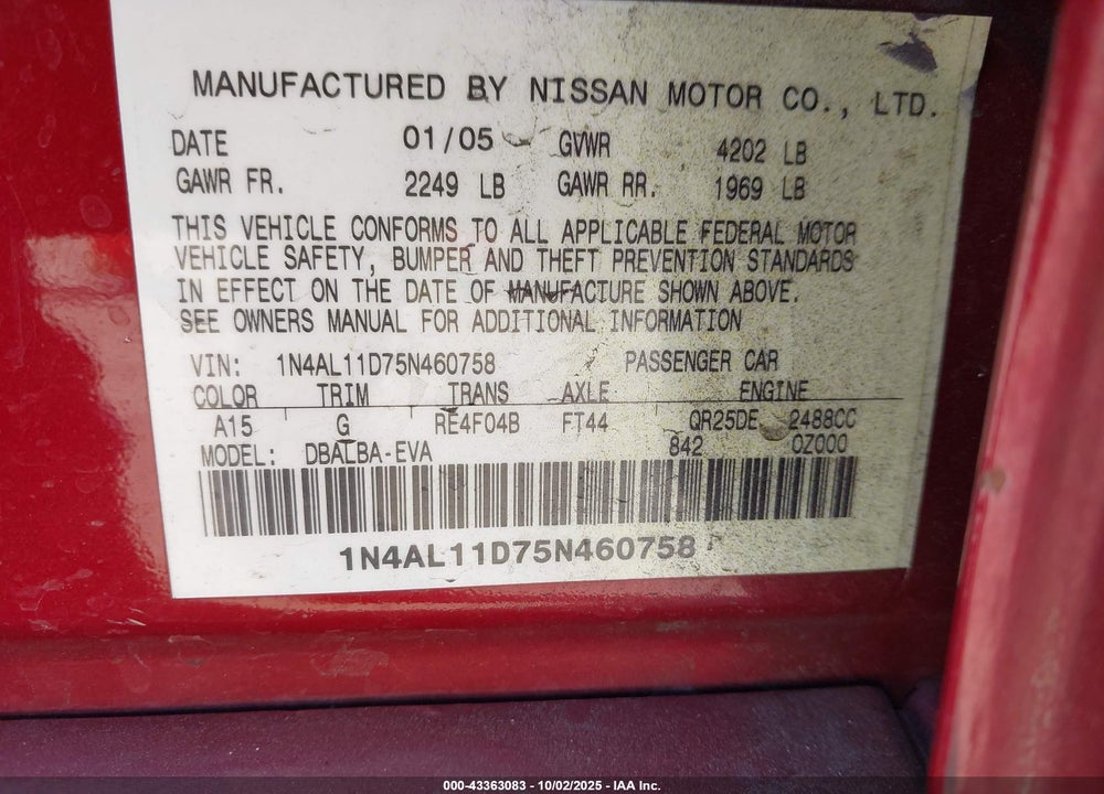 2005 NISSAN ALTIMA VIN: 1N4AL11D75N460758
