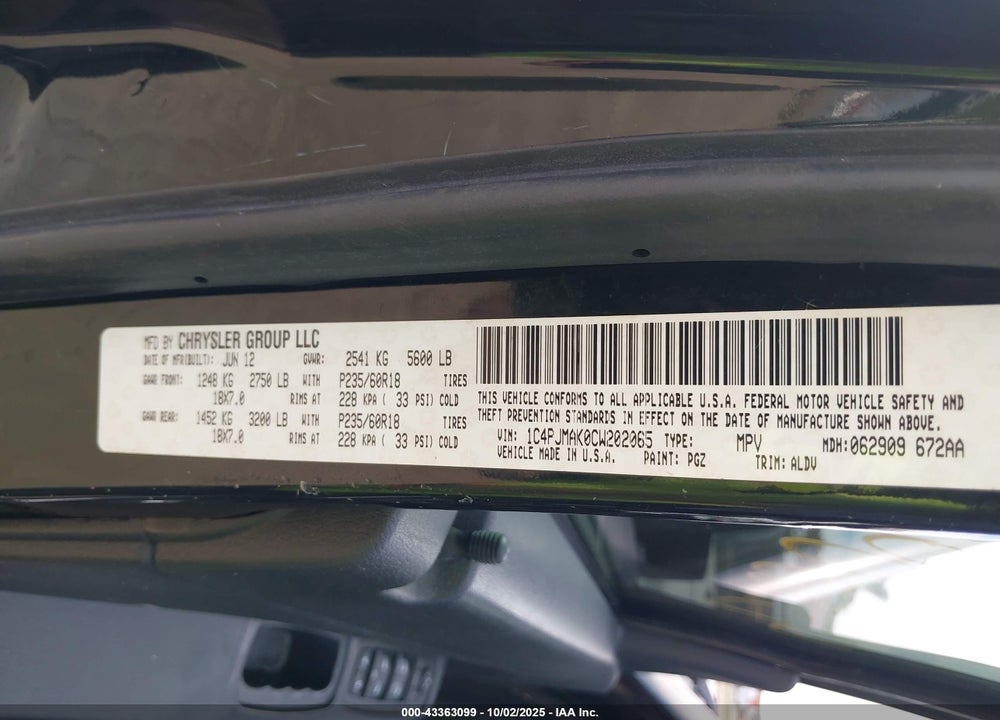 2012 JEEP LIBERTY SPORT VIN: 1C4PJMAK0CW202065