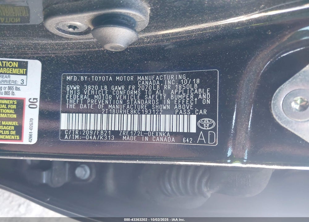2019 TOYOTA COROLLA VIN: 2T1BURHE8KC193122