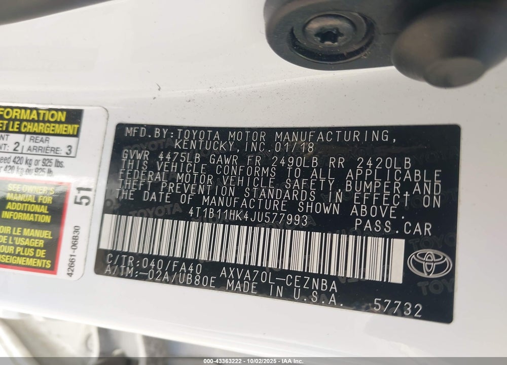 2018 TOYOTA CAMRY VIN: 4T1B11HK4JU577993