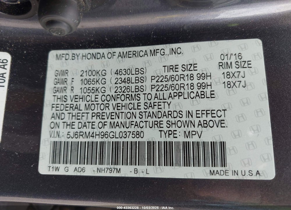 2016 HONDA CR-V VIN: 5J6RM4H96GL037580