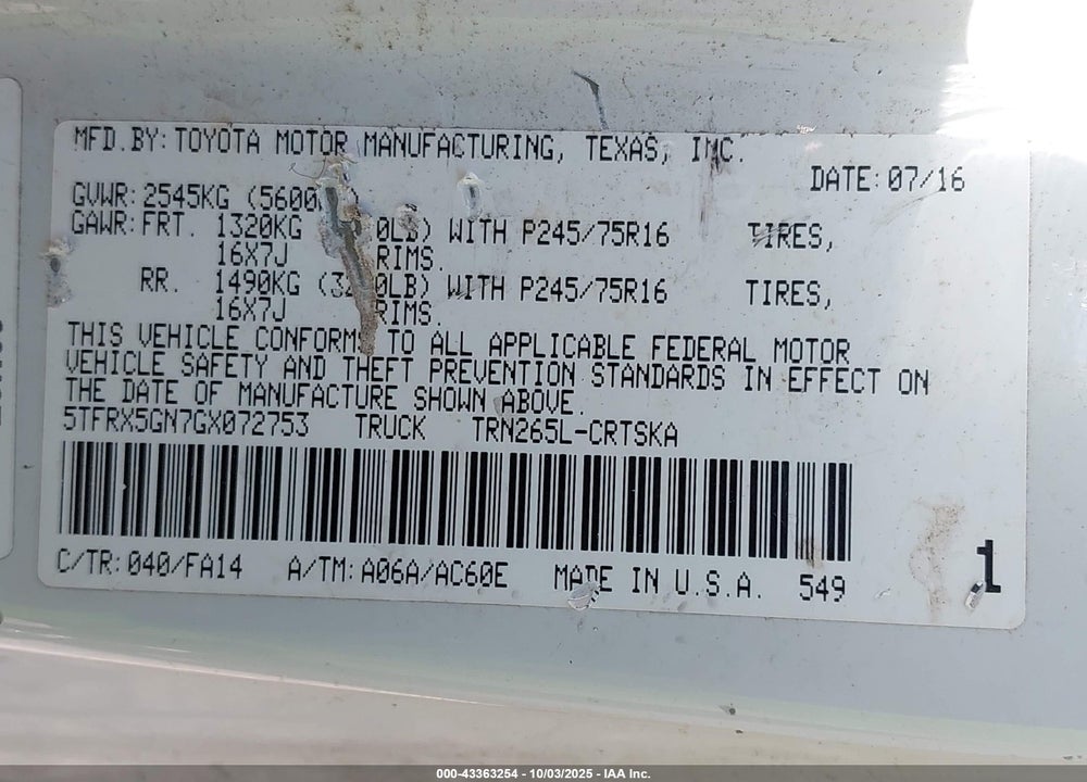 2016 TOYOTA TACOMA VIN: 5TFRX5GN7GX072753