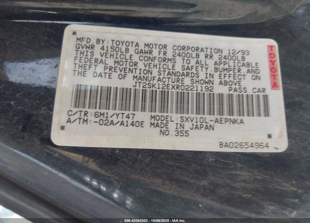 1994 TOYOTA CAMRY LE VIN: JT2SK12EXR0221192