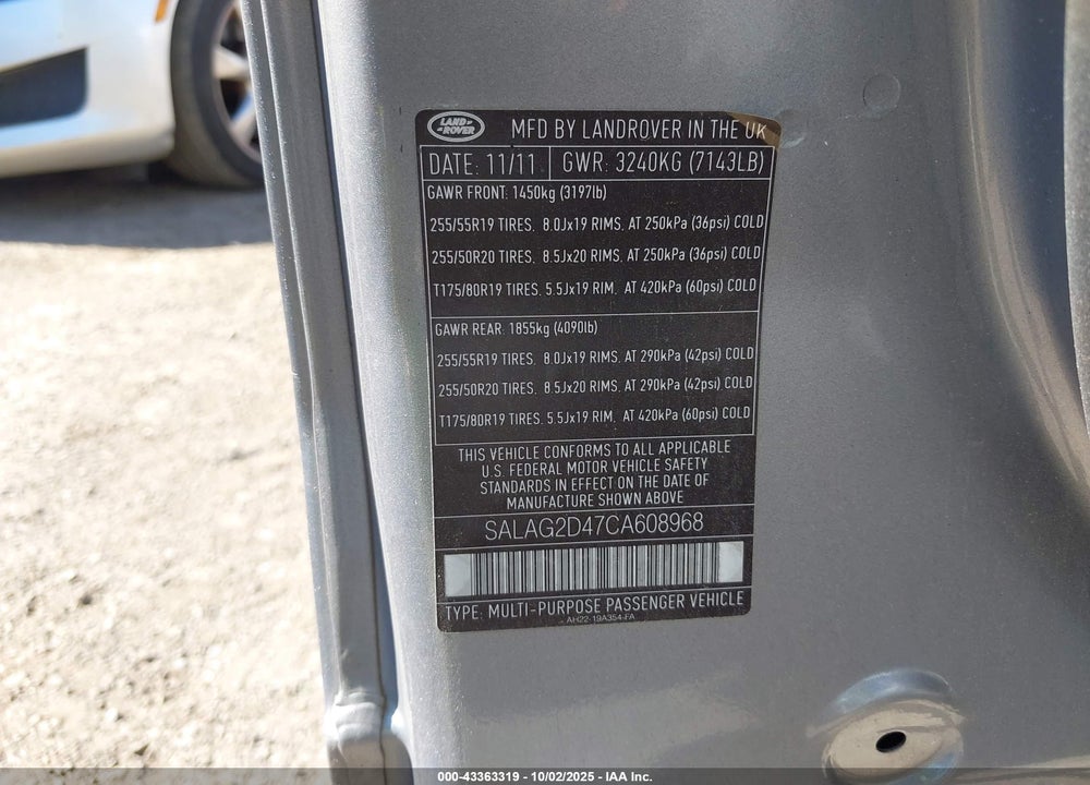 2012 LAND ROVER LR4 VIN: SALAG2D47CA608968