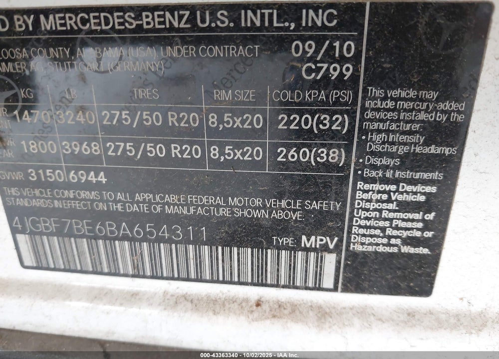 2011 MERCEDES-BENZ GL-CLASS VIN: 4JGBF7BE6BA654311