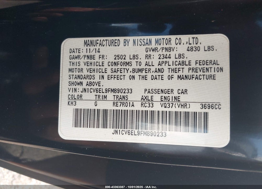 2015 INFINITI Q60 VIN: JN1CV6EL9FM890233