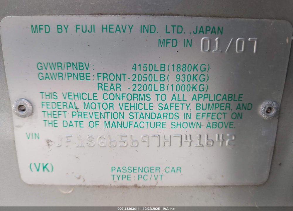 2007 SUBARU FORESTER 2.5X VIN: JF1SG65697H741642