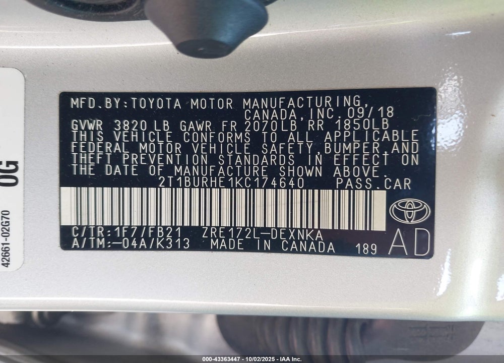 2019 TOYOTA COROLLA VIN: 2T1BURHE1KC174640