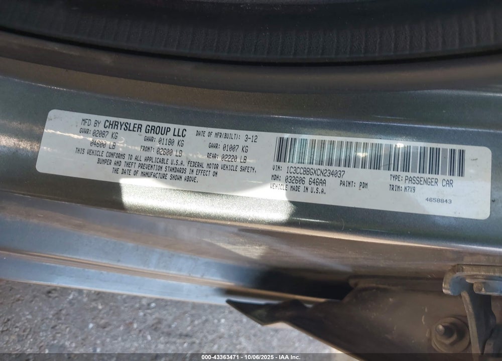 2012 CHRYSLER 200 VIN: 1C3CCBBGXCN234037