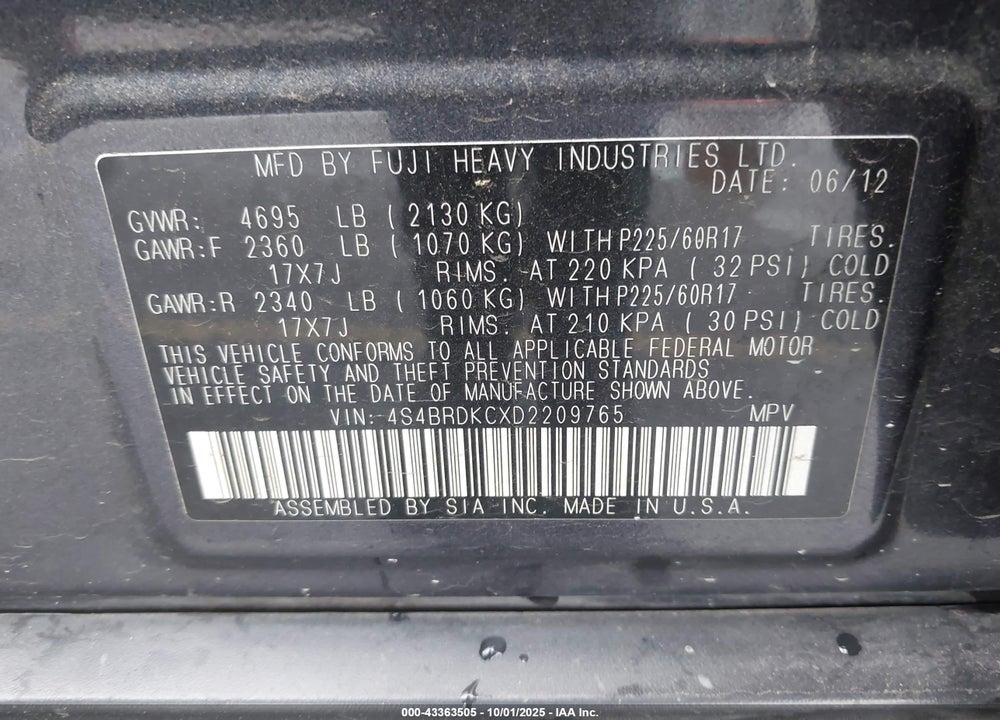 2013 SUBARU OUTBACK VIN: 4S4BRDKCXD2209765