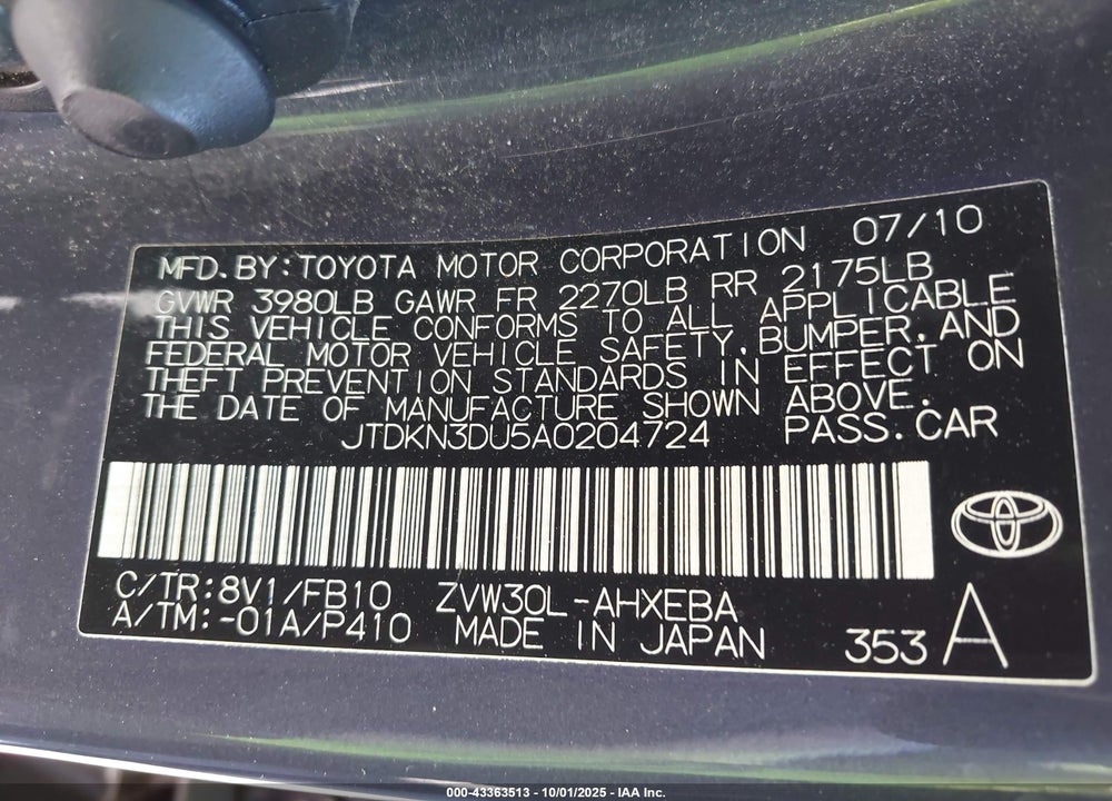 2010 TOYOTA PRIUS II VIN: JTDKN3DU5A0204724