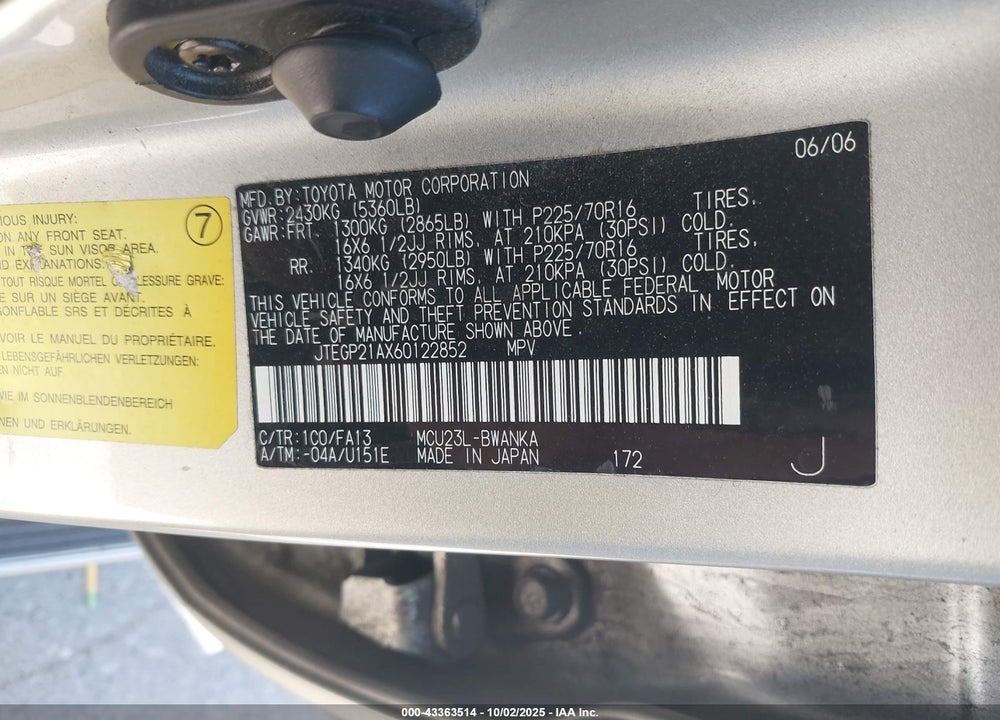 2006 TOYOTA HIGHLANDER VIN: JTEGP21AX60122852