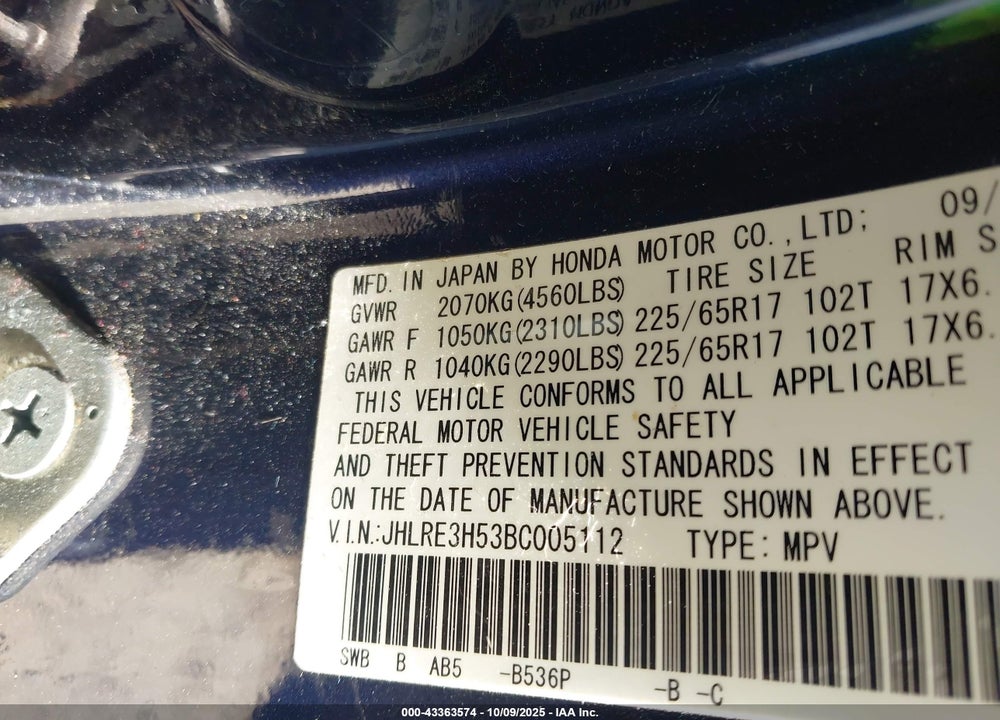 2011 HONDA CR-V EX VIN: JHLRE3H53BC005112