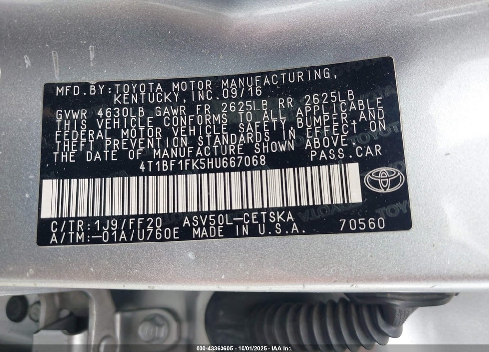 2017 TOYOTA CAMRY SE VIN: 4T1BF1FK5HU667068