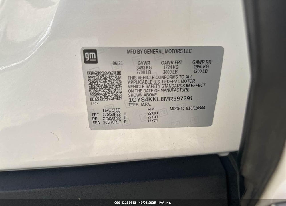 2021 CADILLAC ESCALADE ESV VIN: 1GYS4KKL8MR397291