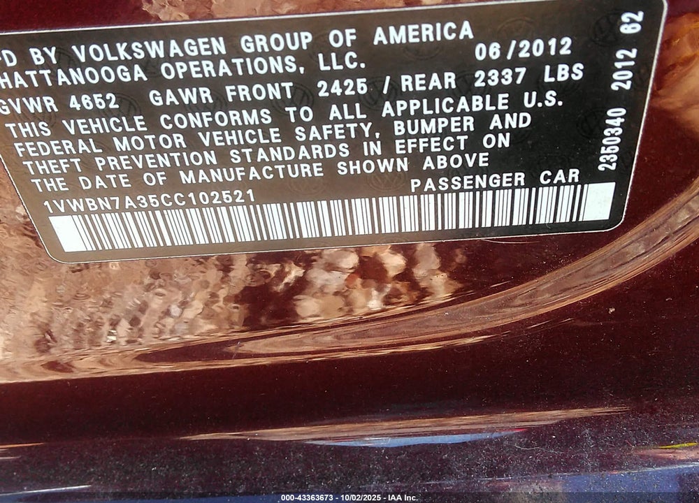 2012 VOLKSWAGEN PASSAT VIN: 1VWBN7A35CC102521