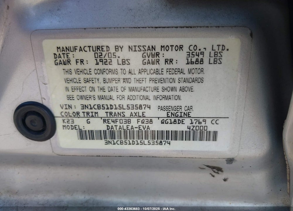 2005 NISSAN SENTRA 1.8S VIN: 3N1CB51D15L535874