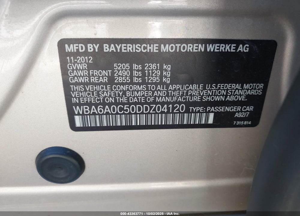 2013 BMW 640I GRAN COUPE VIN: WBA6A0C50DDZ04120