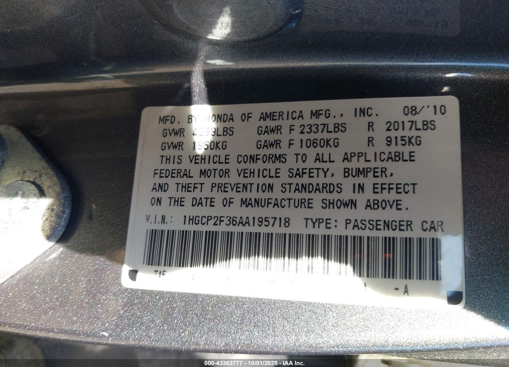2010 HONDA ACCORD 2.4 LX VIN: 1HGCP2F36AA195718