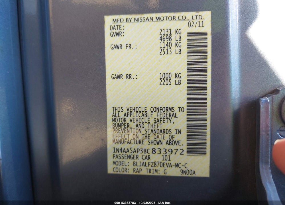 2011 NISSAN MAXIMA 3.5 SV VIN: 1N4AA5AP3BC833972