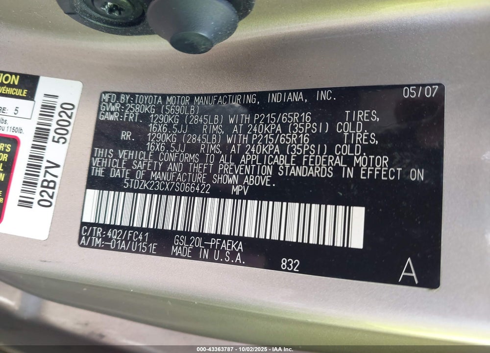 2007 TOYOTA SIENNA LE VIN: 5TDZK23CX7S066422