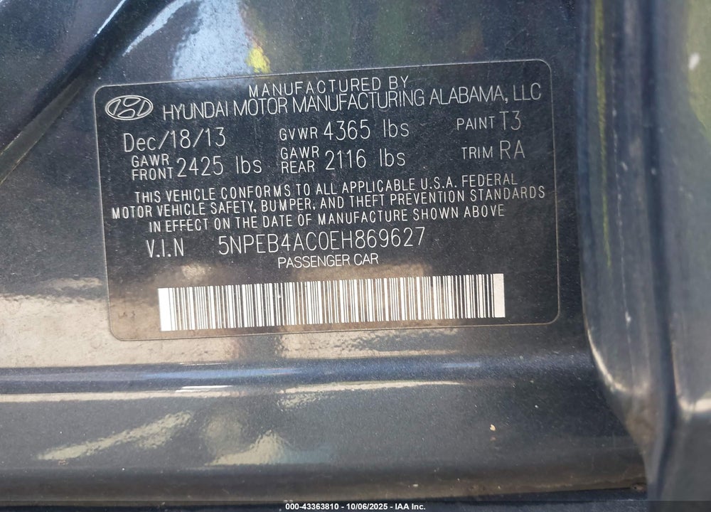2014 HYUNDAI SONATA GLS VIN: 5NPEB4AC0EH869627