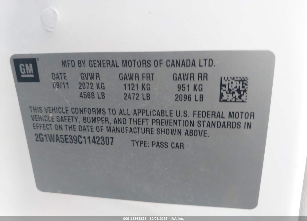 2012 CHEVROLET IMPALA LS VIN: 2G1WA5E39C1142307