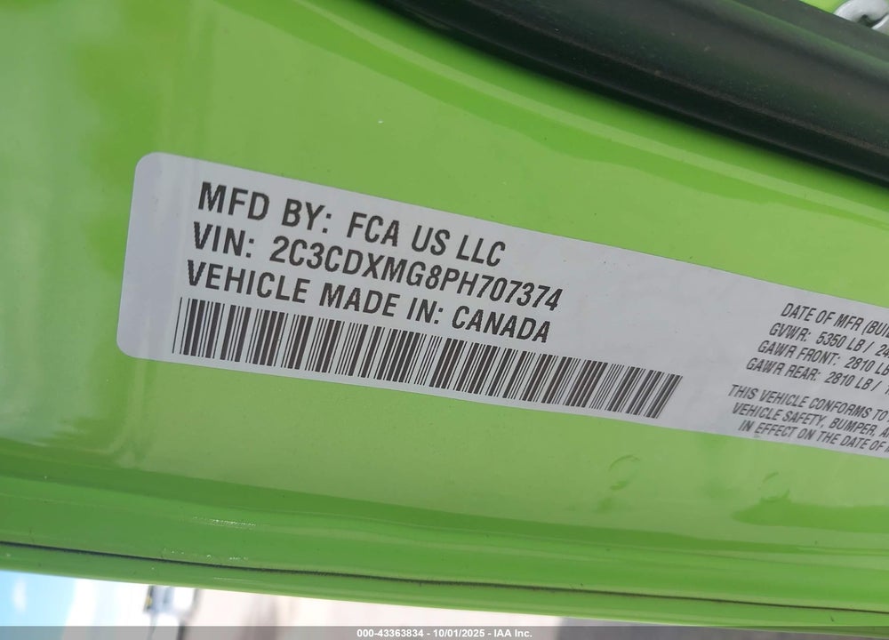 2023 DODGE CHARGER VIN: 2C3CDXMG8PH707374