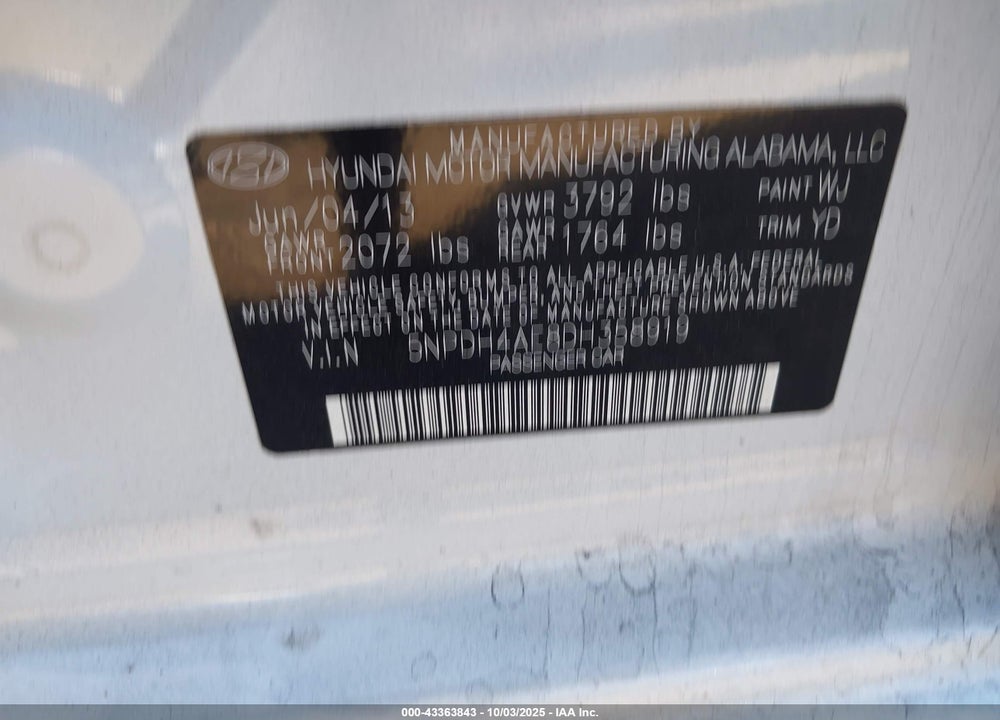 2013 HYUNDAI ELANTRA VIN: 5NPDH4AE8DH358919