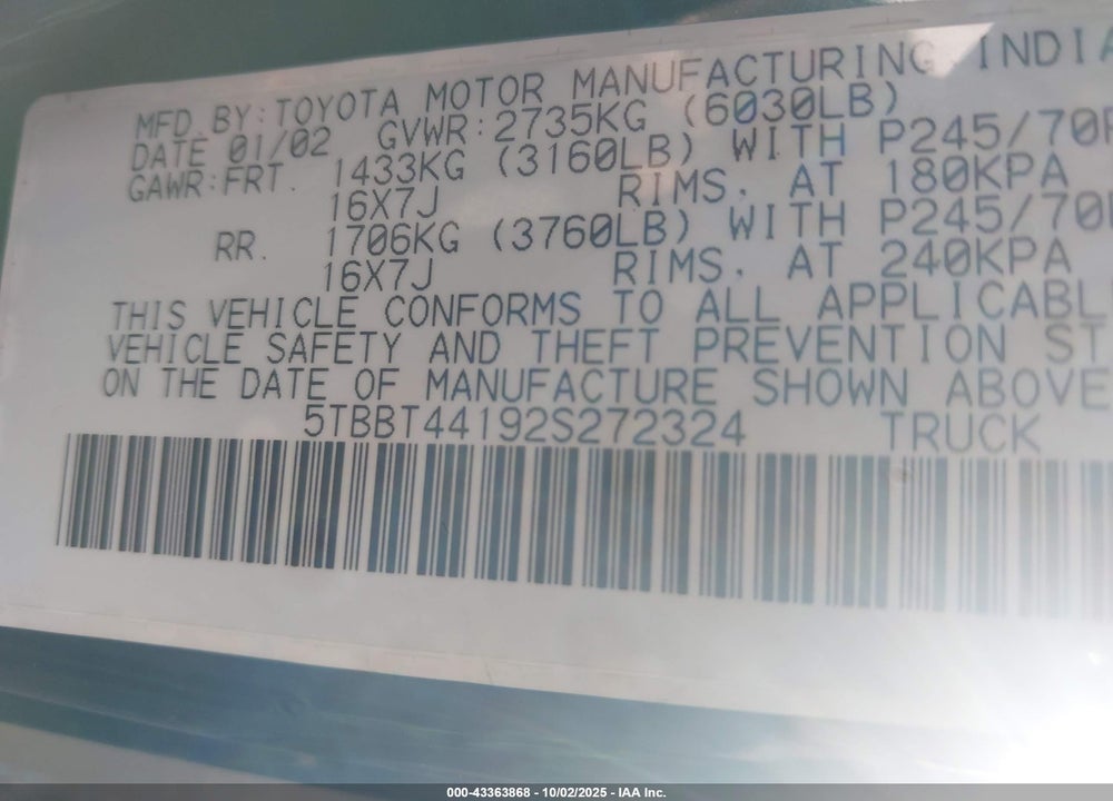2001 TOYOTA TUNDRA SR5 V8 VIN: 5TBBT441X1S159965