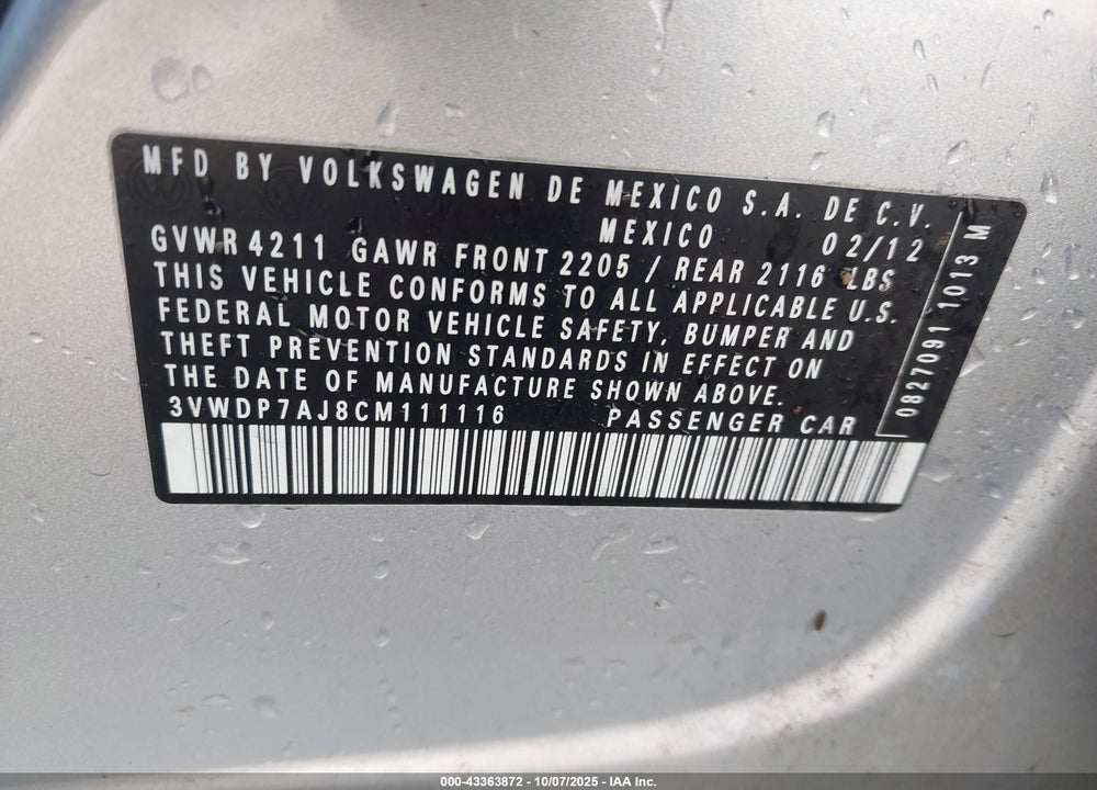2012 VOLKSWAGEN JETTA 2.5L SE VIN: 3VWDP7AJ8CM111116