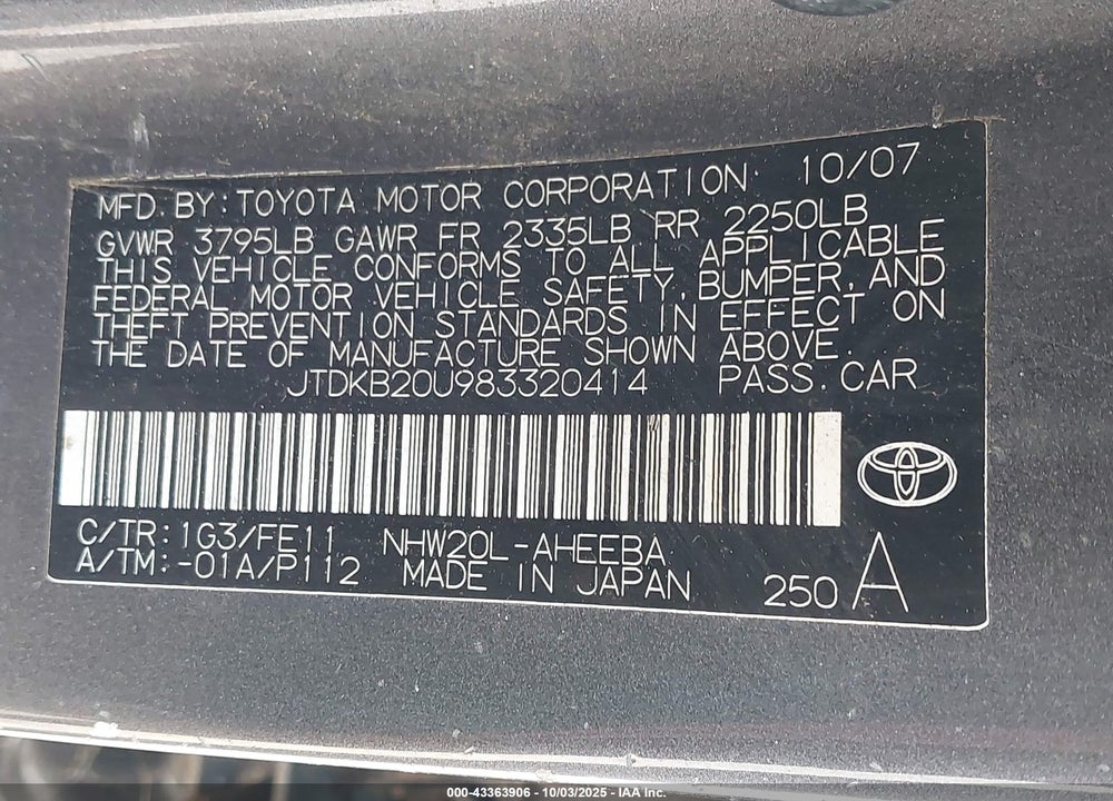 2008 TOYOTA PRIUS VIN: JTDKB20U983320414