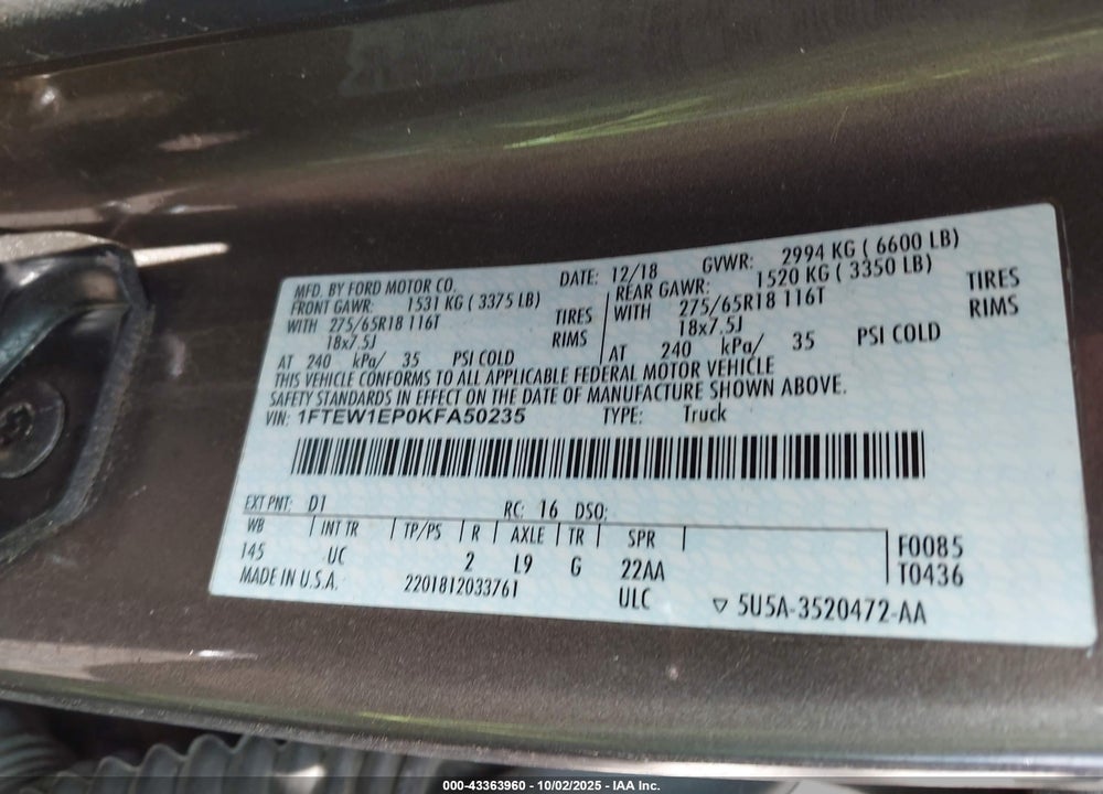 2019 FORD F-150 VIN: 1FTEW1EP0KFA50235