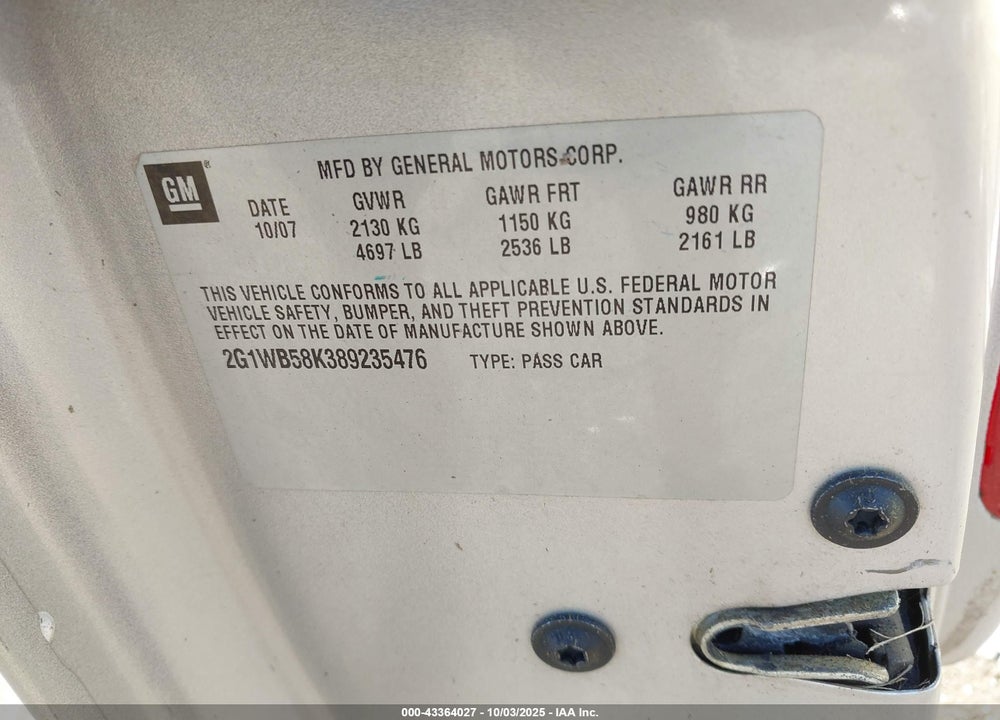 2008 CHEVROLET IMPALA LS VIN: 2G1WB58K389235476