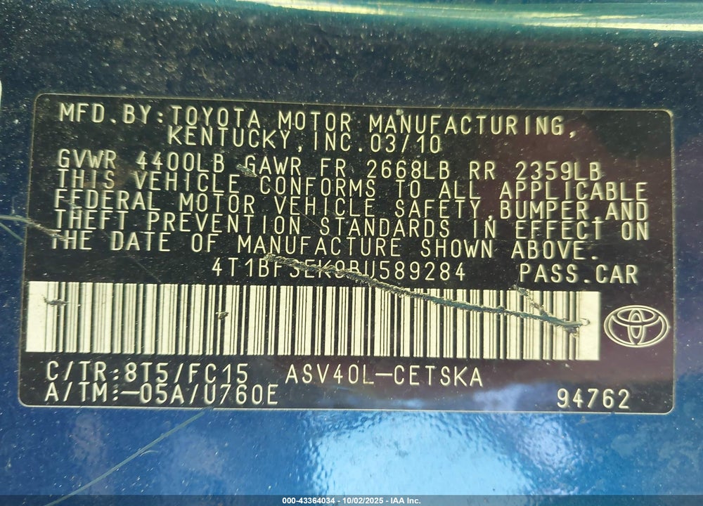 2011 TOYOTA CAMRY SE VIN: 4T1BF3EK9BU589284