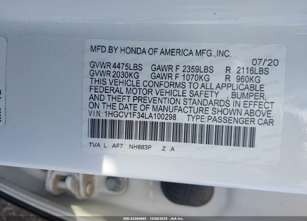 2020 HONDA ACCORD VIN: 1HGCV1F34LA100298